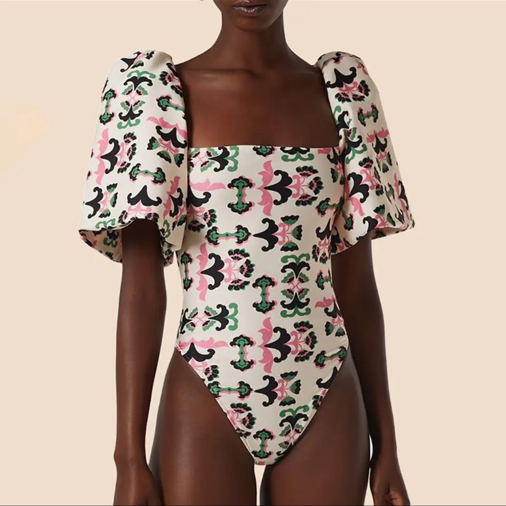 Print Puff Sleeve Swimsuit One Piece